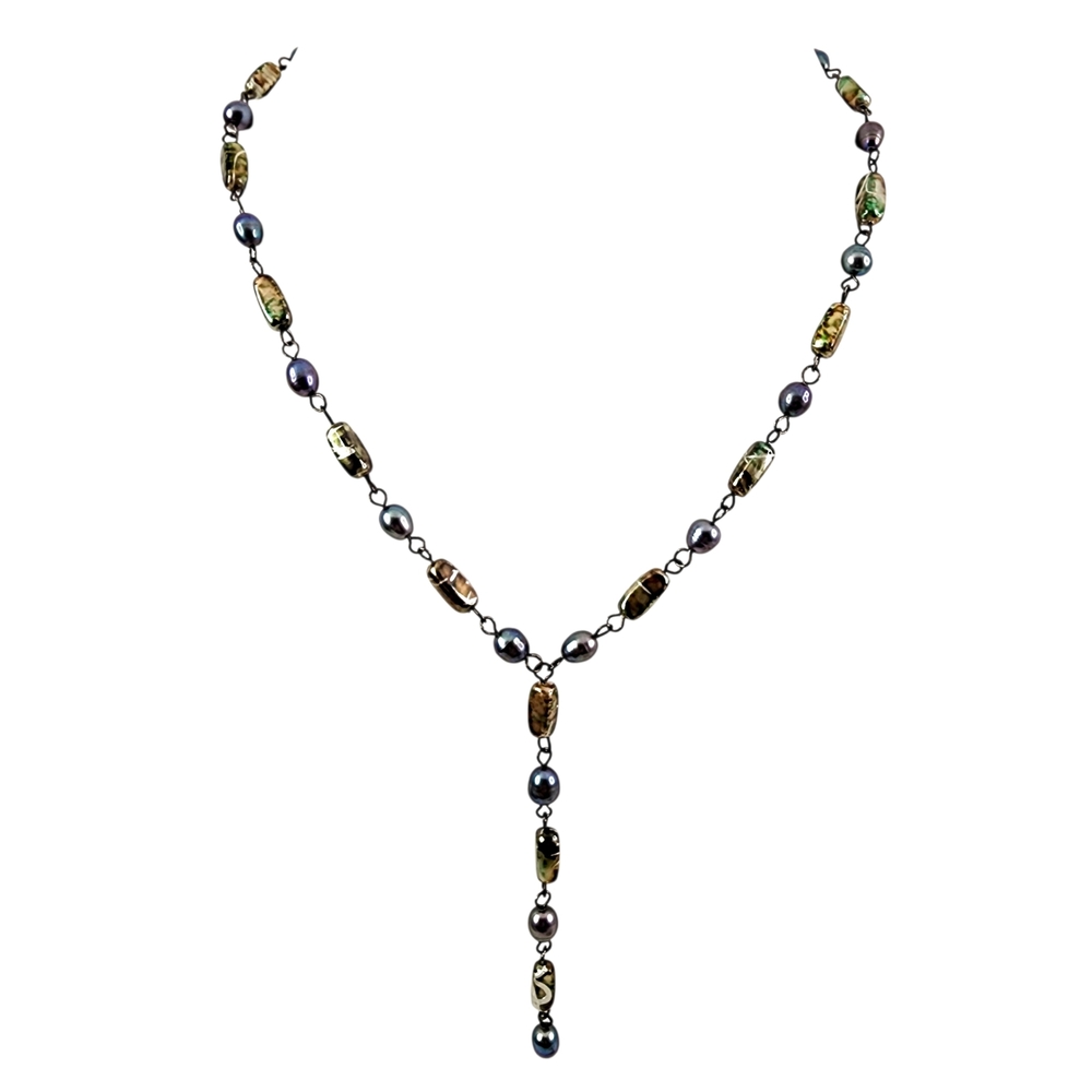 Dainty Y Necklace Black Pearls Art Glass Beads Lariat Exquisite A0366 Q7